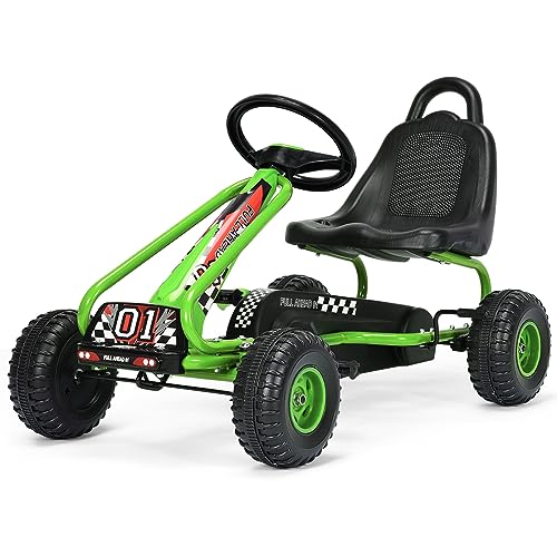 COSTWAY Gokart mit verstellbarem Sitz, Go Kart mit Handbremse, Tretauto bis 30 kg belastbar, Pedal Go Cart, Tretfahrzeug, Pedalfahrzeug, Kinderfahrzeug für Kinder ab 3 Jahren (Grün)