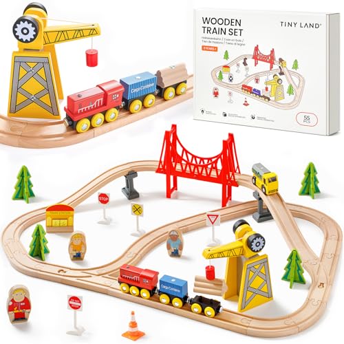 Tiny Land 55Pcs Holzeisenbahn Set, Eisenbahn Holz für Kinder mit Kran, Kombinierbar Zug Spielzeug, Holzeisenbahn Zubehör Passend für Alle Großen Marken, Holzzug Spielzeug für Kinder ab 2~5