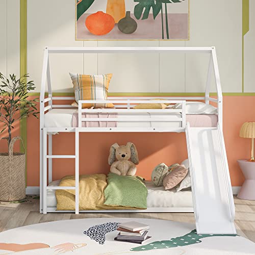 EMKK Kinderbett Etagenbett 90x190 mit Rutsche & Leiter, Eisen Hochbett Hausbett für 2 Kinder, Stockbett Doppelbett für Kinder Schlafzimmer, Ohne Matratze (Weiß)
