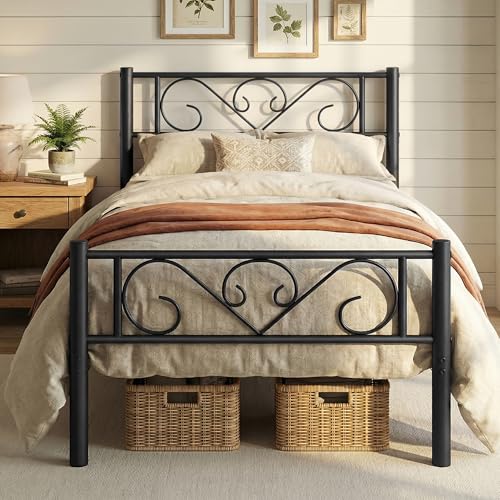 VASAGLE Bett 90 x 200 cm, Gästebett, Einzelbett aus Metall, Bettgestell, Bettrahmen, Metallbett, einfache Montage, tintenschwarz RMB062B01