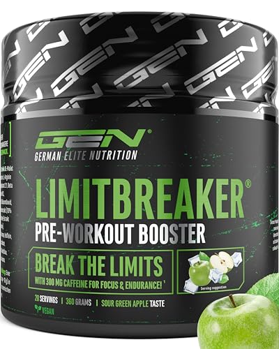 LIMITBREAKER® Pre Workout Booster mit Koffein 300 mg - Saurer Grüner Apfel Geschmack - mit L Citrullin, AAKG, Beta Alanin & L Theanin - hochdosiert - 360 g Pulver 20 Portionen - vegan