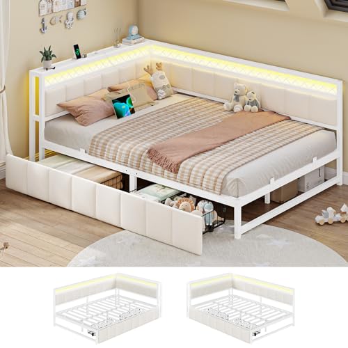 AOGLLATI Polsterbett Schlafsofa 140x200 mit USB-Steckdosen und LED-Beleuchtung Jugendbett 140x200 mit 2 Schubladen,Tagesbett Gästebett mit Lattenrost,Ohne Matratze(Beige,140x200cm)
