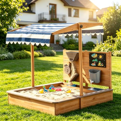 Wumagin Sandkasten mit Abdeckung, Großer Kinder-Sandkasten aus Holz mit Bring Strandspielzeug, Sandkasten mit höhenverstellbarem Dach für Strand, Garten