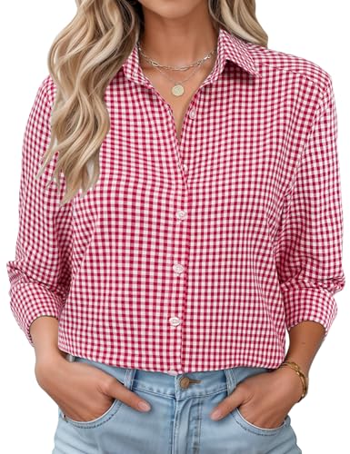 Rapbin Karierte Hemd Damen Langarm Trachten Bluse Baumwolle Hemd V-Ausschnitt Bluse Casual Oberteil mit Knopfleiste Rot M