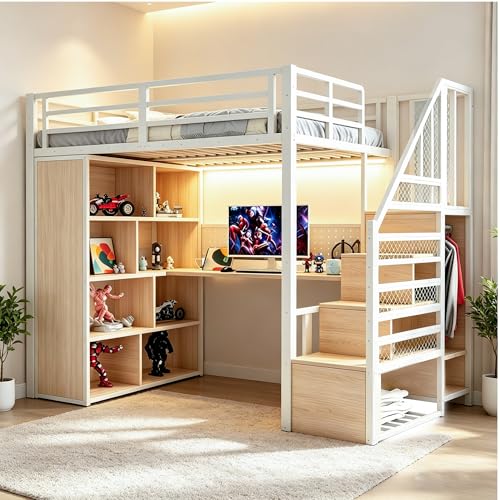Merax Metall-Hochbett 90x200 cm, mit Schreibtisch, Kleiderschrank und Stauraum, Treppe mit Staufächern, Steckdosen, LED-Lichtleiste, platzsparendes Einzelbett, Weiß (ohne Matratze)