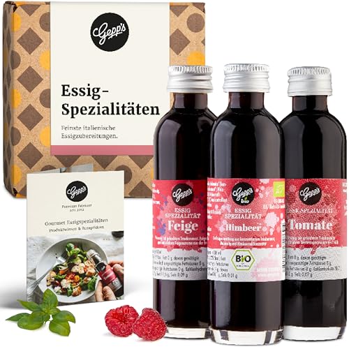 Gepp’s Feinkost 3er Mini Essig Set I Essig Geschenkset für Genießer I Tomaten Balsam, Feigen Balsam & Bio-Himbeeressig I Essig Geschenkbox I Ideal für Salate, Käse & mehr I Mini Flaschen à 40 ml