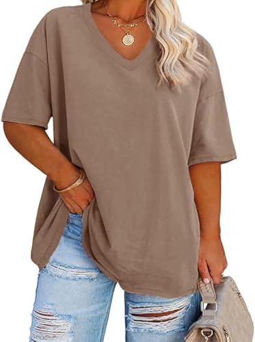 Fisoew Damen Große Größen T-Shirt Halbarm Shirt mit V-Ausschnitt Sommer Lose Basic Oberteil Oversize Kurzarm Baumwolle Tee Tops(Khaki, 3XL)