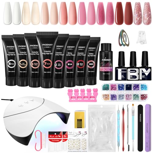 PHOENIXY Nagelset Gelnägel Starterset, 8 Farben Gel Nägel Set mit 36W U V/LED Nagellampe, Poly Nagelgel Set mit Manicure Tools Komplette Poly Nail Gel Starter Set Geschenk für Frauen