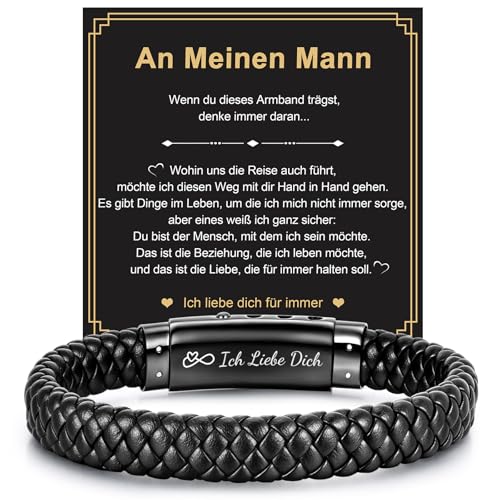 FLHEART An Meinen Mann Lederarmband Geschenke für Männer - Schwarz Leder Armband Herren mit Gravur Ich Liebe Dich für Mann Ehemann Freund Ihn, Männer Armband Geschenke für Geburtstag Valentinstag