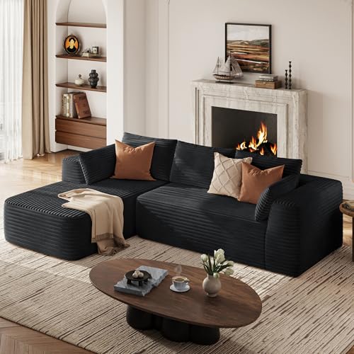 LINSY HOME Ecksofa mit Schlaffunktion - 270cm Corduroy Modulares Schlafsofa, L Form Couch, Sofa 3 Sitzer mit Ottomane, Sektionssofas für Wohnzimmer, Keine Montage erforderlich, Schwarz
