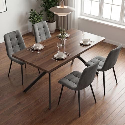 ANVOFONG Essgruppen Esstisch mit 4 dunkelgrau Stühlen,140 x 80 x 76 cm Dunkelbraun Rechteckig Esstisch aus Holz mit Esszimmerstühle mit technisches Tuch,für Küche Esszimmer und Wohnzimmer