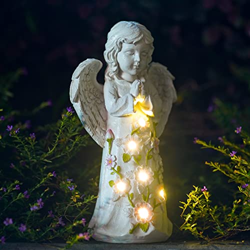 Yeomoo Fairy Engel Figur Gartendeko Solar Gartenfiguren für Außen,mit 6 LED Solarleuchten, wasserdichte Garten Deko aus Harz Geschenke für Draußen Haus, Hof, Terrasse, Veranda 24,5cm