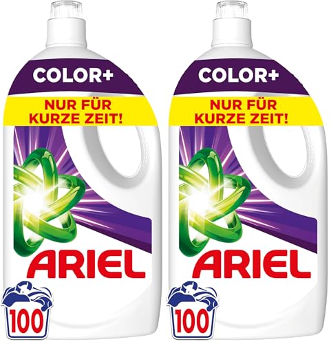 Ariel Flüssigwaschmittel, 100 Waschladungen Color+ Waschmittel, Kraftvolle Fleckenentfernung in nur 1 Waschgang, selbst bei Kaltwaschzyklen (Packung mit 2)