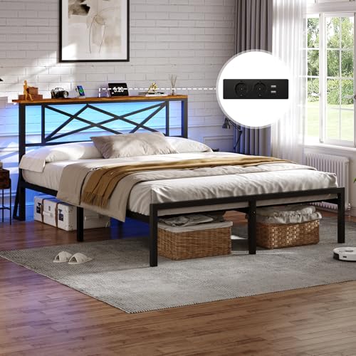 DICTAC Bett 140x200cm mit LED Beleuchtung, Bettgestell 140x200cm mit Steckdose und 2 USB-Ladefunktion, Metallbett mit Holzkopfteil Stauraum, Bettrahmen mit Stauraum unter dem Bett, Höche 32