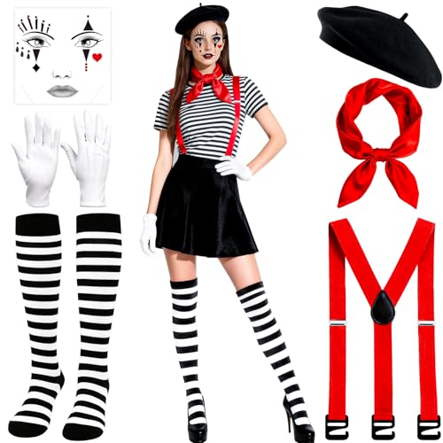 Pantomime Kostüm Damen Faschingskostüme Karneval - Clown Kostüm Damen Herren mit Baskenmütze Tücher Handschuhe Gesichtstattoo Verstellbare Hosenträger Gestreift Strümpfe, Karnevalskostüm für Fasching