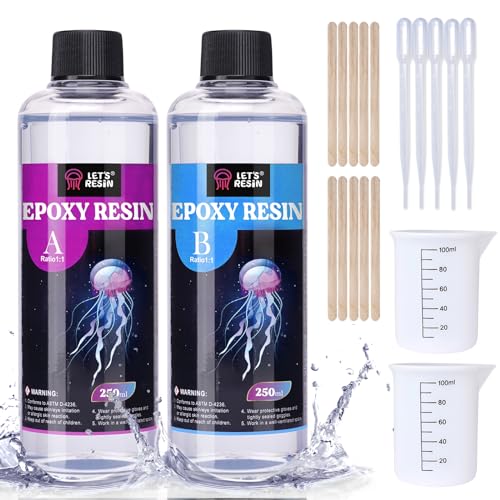 LET'S RESIN 500ml Epoxidharz Set, Blasenfreies Gießharz Set, 1:1 nach Volumen, Transparent Epoxidharz mit Härter für Kunstwerke Gießharz, Schmuck, Formen Silikon, Tischplatte, Hitze- & UV-Beständig