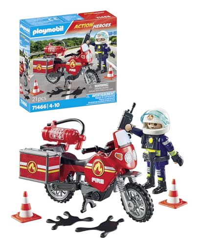 PLAYMOBIL Action Heroes 71466 Feuerwehrmotorrad am Unfallort, rasante Fahrt zum Einsatz, mit vielfältigem Zubehör wie Funkgerät und Feuerlöscher, realitätsnahes Spielzeug für Kinder ab 4 Jahren