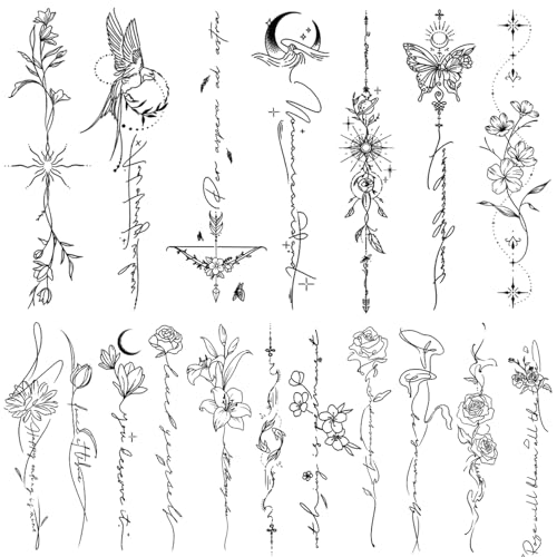 CHARLENT Temporäre Tattoo für Frauen und Mädchen – 45 Stück Linien, Blumen, Wörter, Skizzen, Realistisch, Langlebig, Fake-Tattoo, Wasserdicht, Minimalistische Linienkunst-Tattoo für Arm, Rückgrat,