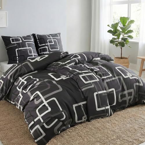 Kuscheli 4-teilige Bettwäsche 135x200 – Mikrofaser Oeko-TEX, 2 Bettbezüge 135x200 & 2 Kissenbezüge 80x80, Reißverschluss, weich & bügelfrei – Grau Kariert