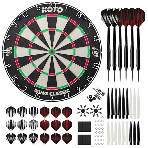 KOTO – King Classic Academy Dartscheibe Set, Turniermaß Sisal Dartboard mit Rotierendem Zahlenring & Klammer, Inkl. 2 Sets Steeldarts 23 g, Dart Zubehör, Dartscheibe Komplettset