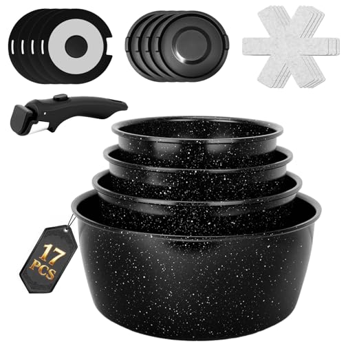 Colourcoco 17-teiliges Topfset Induktions - Antihaftbeschichtetes Kochtopf set mit Abnehmbarem Griff, Ofenfest & für alle Herdarten Geeignet – Ideal für Zuhause, Camping und Picknick (Schwarz)