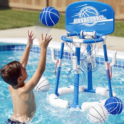 Pool Basketballkorb für Kinder, Wasserspielzeug Schwimmende Pool Spielzeug mit Backboard, 4 Bällen, 8 Ring, Indoor Outdoor Wasser Basketball für Schwimmbad Sommerpartys Kinder 4-8 & Erwachsene, Blau