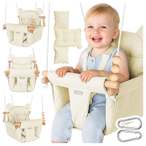 MalPlay 2-in-1 Kinderschaukel Babyschaukel für Kinder 12–36 Monate mit 5-Punkt-Gurt MALO Wave - Schaukelsitz & Hängematte aus 100% Baumwoll-Canvas, Buchenholz, Indoor & Outdoor, Beige Weiß