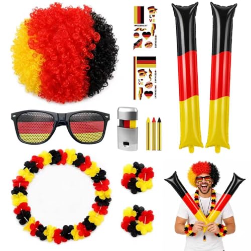 Deutschland Fanartikel Set,10 Stück WM 2026 Fanartikel Set mit Brille Perücke Girlanden Aufkleber und Gesichtsschminke,Fanpaket EM Fußball,Stadionbesuche Unterstützung für Fan-Aktivitäten
