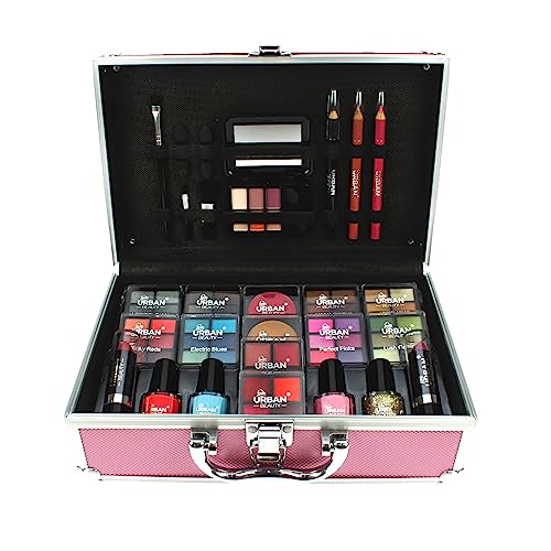 LOVE URBAN BEAUTY Veganes Hot Pink Schminkkoffer - 82-teiliges Schminkset für Teenager und Frauen mit Lidschatten, Rouge, Lippenstiften und Nagelprodukten - lustiger Reise-Schminkkoffer für Mädchen