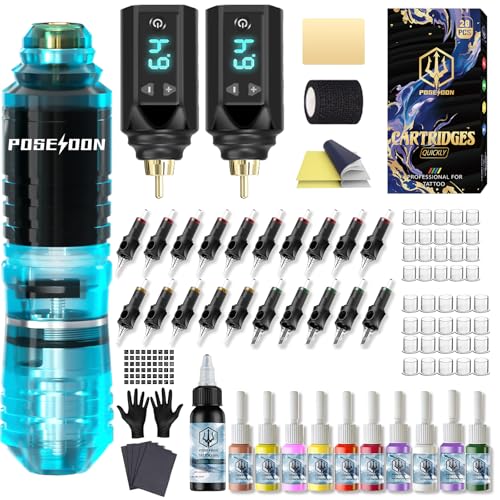 POSEIDON Akku-Rotary Tattoo Machine Kit mit 20 Tattoo-Kartuschennadeln, Tintenset & 2 Akkus | Professionelles Tattoo-Gerät für Anfänger | Komplettes Starter-Set (HM142)