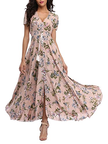 VOGMATE Boho Kleid Damen Lange V-Ausschnitt Kurzarm Blumen Maxikleider Damen Sommer Strandkleid Sommerkleid Herbstkleid Partykleid Blumenkleid Elegant mit Schlitz
