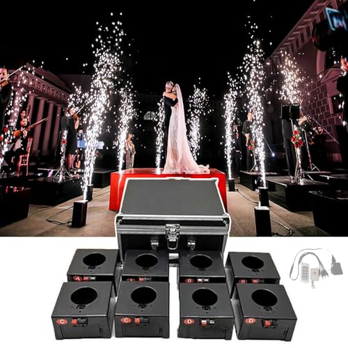 GCLCPAEN Kaltfunken-Fontänenmaschine, Fontänen-Feuerwerk-Schießsystem, 1 Steuerung, 8 Basen, 30-50M, Mit Schutzbox, Fernbedienung, 8-Teilig, Für Hochzeiten, Bühnen