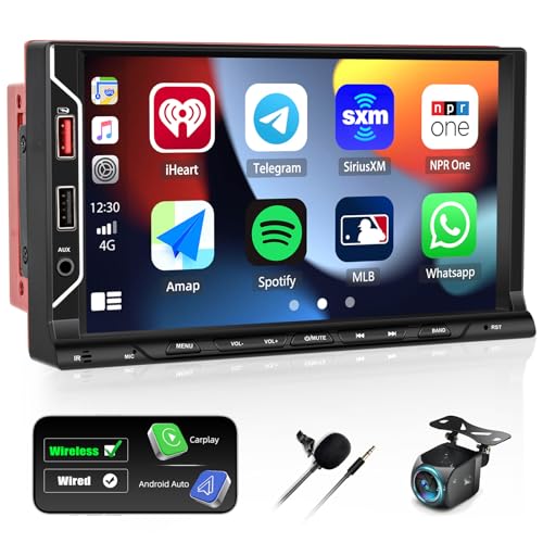 CAMECHO Doppel Din Autoradio mit Kabellosem Carplay Android Auto, Autoradio 2Din mit 7 Zoll Auto Bildschirm, Auto Radio Touch Display mit Bluetooth FM Radio EQ USB SWC + Rückfahrkamera + Mikrofon