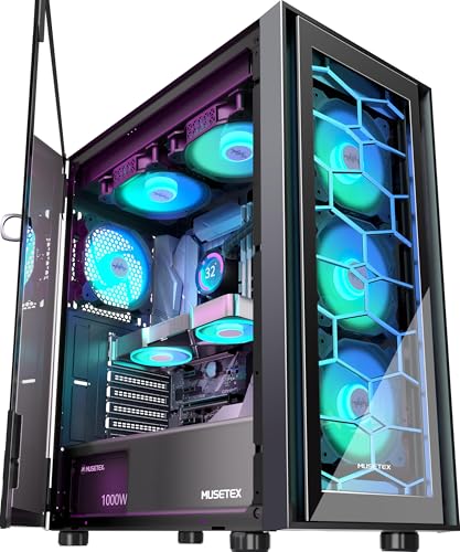 MUSETEX PC Gehäuse ATX, 6 PWM ARGB Lüfter vorinstalliert ATX Gehäuse, Computergehäuse mit zu öffnender Hartglastür, Mid Tower Gaming PC Gehäuse, USB 3.0 x 2, Schwarz, G07