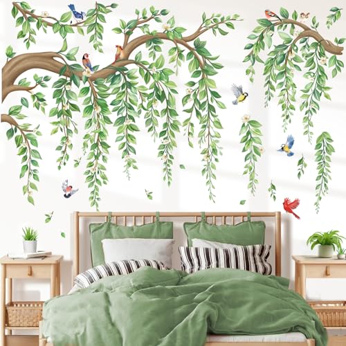 wondever Wandtattoo Grüne Baum Ast Groß Wandaufkleber Hängende Blumen Grüne Blätter Wandsticker Wanddeko für Wohnzimmer Schlafzimmer Sofa Hintergrund