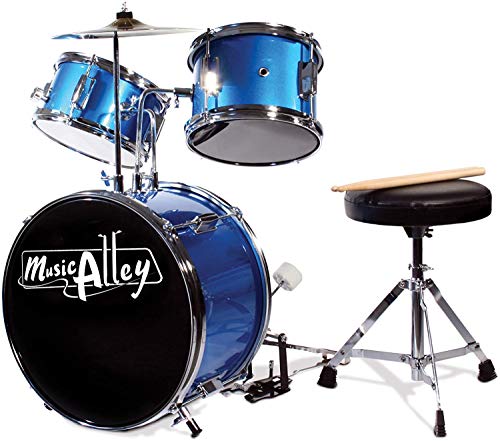 Music Alley Junior Drum Kit for Kids with Kick Drum Pedal, Drum Stool & Drum Sticks - Blue