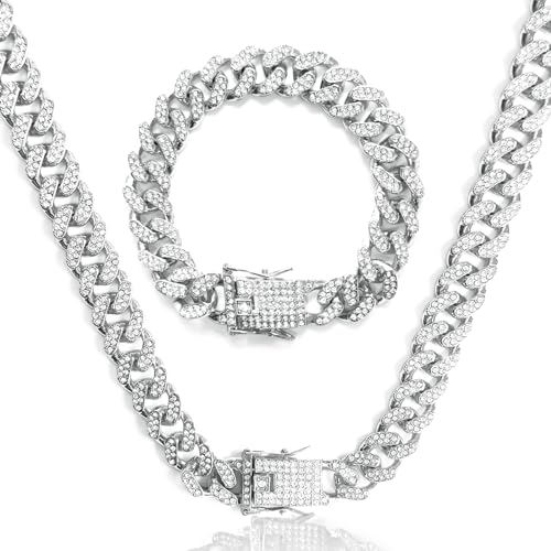 12 MM kubanische Gliederkette, kubanische Kette, silberne kubanische Gliederkette, iced out armband ice out kette mit Karabinerverschluss, Länge 50/55/60cm(Silber, 55)