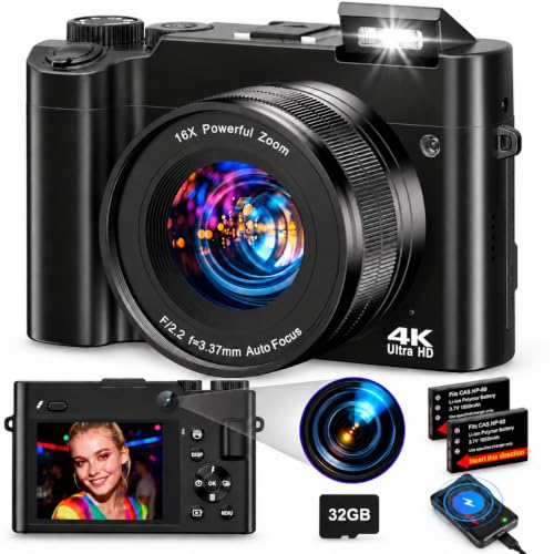 FlyFrost Digitalkamera 4K 64 MP, Kompaktkamera mit Dualkamera und Autofokus | 16-fach Digitalzoom, 32 GB Speicherkarte, 2 Akkus mit Ladegerät, für Anfänger und Jugendliche