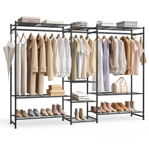 SONGMICS Kleiderständer, offener Kleiderschrank, Garderobenständer mit 10 Ablagen, 3 Kleiderstangen, 4 S-Haken, Metallrahmenm, für Schlafzimmer, Wohnzimmer, Eingangsbereich,schwarz LGR011BZ01