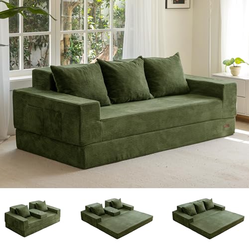 MAXYOYO Schlafsofa, Cord-Bodencouch, Klappsofa mit Getränkehalter und Dekokissen, Bequemes Kompressionssofa für Wohnzimmer, Schlafzimmer, Gästezimmer