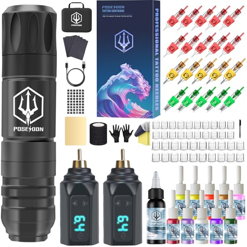 POSEIDON Wireless Tattoo Maschinen Set mit 20 Tattoo-Kartuschennadeln, Tintenset & 2 Akkus | Professionelles Tattoo-Gerät für Anfänger | Komplettes Starter-Set (HM122)