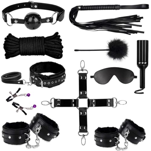 BDSM Bondage Set 11 Stück BDSM Fesseln Sex Set für Valentinstag Perfekt Bondage Set mit Handschellen Nippelklemmen Augenmaske Peitsche Erotik SM Sexspielzeug für Männer Frauen und Paare