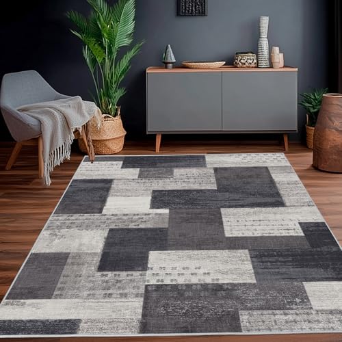Calinline Moderne Geometrische Patchwork Indoor Wohnzimmer Teppich, Anthrazit 200x230 cm Große Teppiche Rockwood Sammlung Böden Dekor für Schlafzimmer, Grau Weich Kurzflor Waschbar Teppich Gegend