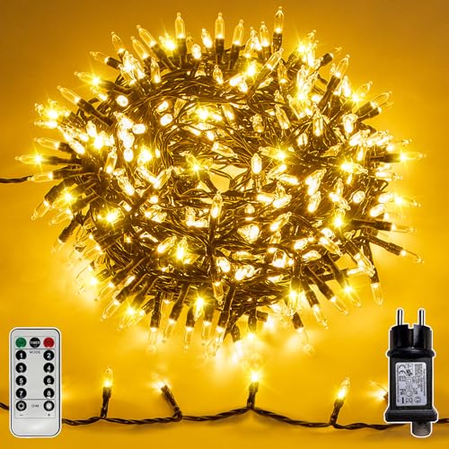 Soagrc Lichterkette Außen 25m 500 LED Warmweiß, IP44 Wasserdicht mit Timer Memory 8 Modi 4 Dimmer Grünem Kabel, Outdoor Lichterkette für Weihnachtsbeleuchtung Außen Garten Balkon Baum Deko
