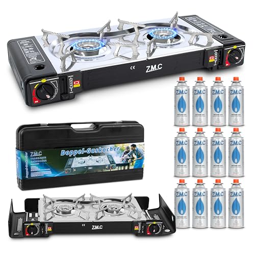 ZMC Camping Gaskocher 2-flammig inkl. Adapter für LPG Anschluss + 12 Gaskartuschen 227g + Aufbewahrungskoffer, Wärmeleistung: 2,5KW, Campingkocher mit Piezozündung für Outdoor und Innenraum