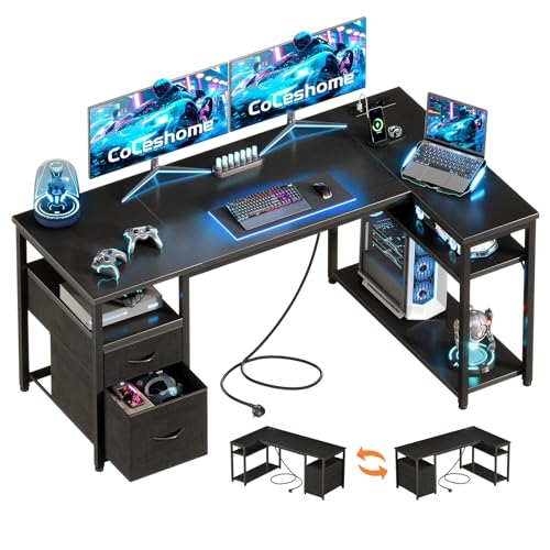 Coleshome Gaming Eckschreibtisch mit 2 Schubladen, 140×80 cm, Schwarz