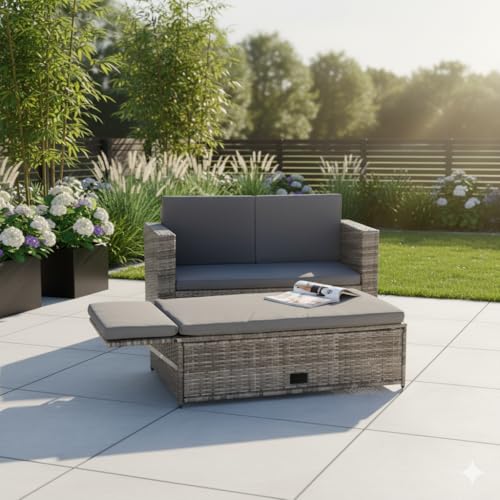 Mucola Polyrattan Gartenset Grau – Lounge Sofa-Garnitur mit klappbarer Fußbank & Stauraum, Tisch & Sitzkissen inklusive – Wetterfeste Rattan Sitzgruppe für Balkon, Terrasse & Garten