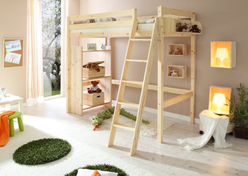 TiCAA extra Hochbett, Kinderbett Spielbett mit Treppe aus Kiefer Massivholz Bettgestell 90 x 200