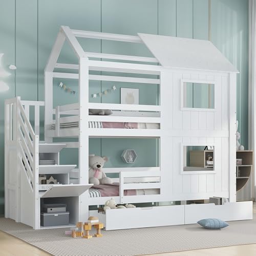 EINHOM Etagenbett 90x200 cm, Kinderbett mit Treppenschrank Schubladen, Stauraumbett mit Zwei Schubladen, mit Fenster und Dach, Rausfallschutz Geländer, Weiß (Ohne Matratze)
