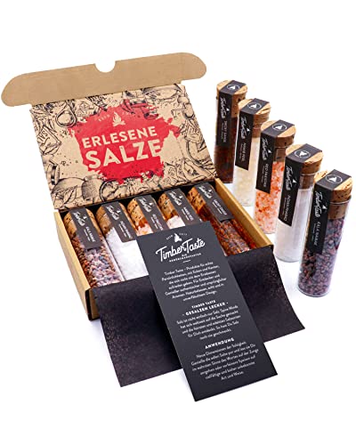 TIMBER TASTE® Gourmet Salz Gewürze Geschenkset - 5 erlesene Salze aus aller Welt - Gewürzmischung für Mann & Frau Geburtstag - Besonderes Geschenk Set Erwachsene - Einweihungsgeschenk Haus